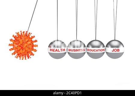 Konzept Der Weltkrise. Coronavirus COVID-19 Cell Attack Newtons Cradle Balancing Ball als Gesundheit, Handel, Bildung und Arbeitsleben Kugeln auf einer weißen BA Stockfoto