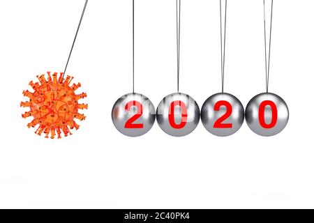 2020 Jahre Weltkrise Konzept. Coronavirus COVID-19 Cell Attack Newtons Cradle Balancing Ball mit 2020-Jahres-Zeichen auf weißem Hintergrund. 3d-Rendering Stockfoto