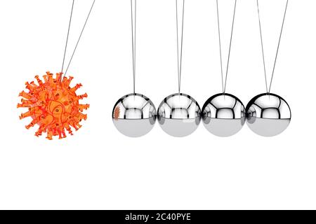 Konzept Der Weltkrise. Coronavirus COVID-19 Cell Attack Newtons Cradle Balancing Ball auf weißem Hintergrund. 3d-Rendering Stockfoto