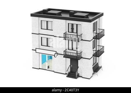 Store in City, Town White Brick House Building auf weißem Hintergrund. 3d-Rendering Stockfoto
