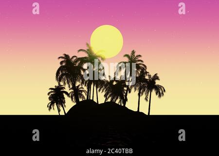 Reisekonzept. 80s Synthwave-Landschaft mit Palmen und Sun extrem Nahaufnahme. 3d-Rendering Stockfoto