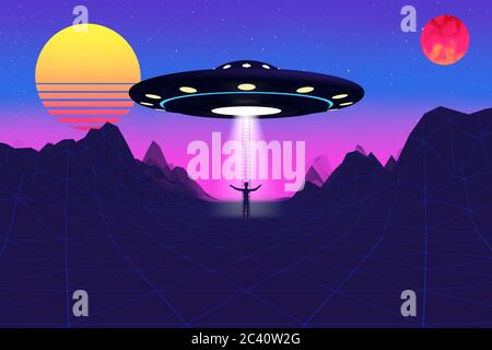 80s Synthwave Stil Landschaft mit Straße, Berge, Stripped Sun, Planet und UFO Alien Raumschiff extreme Nahaufnahme. 3d-Rendering Stockfoto