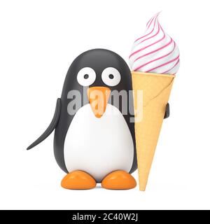 Niedliche Schwarz-Weiß-Spielzeug Cartoon Pinguin mit Soft Serve Eis in Waffel knusprige Eiscreme Kone auf weißem Hintergrund. 3d-Rendering Stockfoto