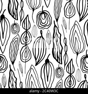 Inky wilde Wiese Blätter nahtlose Vektor-Muster Hintergrund. Hand gezeichnete Linie Kunst schwarz und weiß dichten Wiederholung mit gemischten Laub und Gras Stiele Stock Vektor