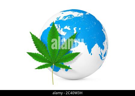 Medizinisches Marihuana oder Hanfblatt vor dem Erdglobus auf weißem Hintergrund. 3d-Rendering Stockfoto