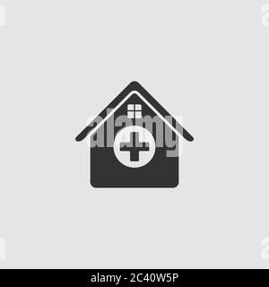 Krankenhaus-Symbol flach. Schwarzes Piktogramm auf grauem Hintergrund. Vektorgrafik Symbol Stock Vektor