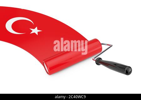 Malroller Pinsel mit Türkei Flagge auf weißem Hintergrund. 3d-Rendering Stockfoto