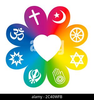 Weltreligionen. Symbole auf einer regenbogenfarbenen Blume mit einem Herz in der Mitte als Symbol für religiöse Einheit oder Gemeinsamkeit. Stockfoto