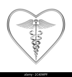 Silber Medical Caduceus Symbol in Form von Herz auf weißem Hintergrund. 3d-Rendering Stockfoto