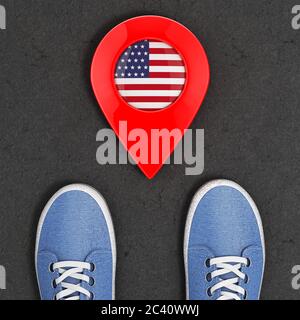 Reise nach Amerika Konzept. Blue Denim Sneakers auf der Asphalt Road mit Kartenzeiger und USA Flagge Top View extreme Nahaufnahme. 3d-Rendering Stockfoto