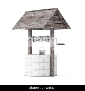 Stein und Holz Brunnen auf weißem Hintergrund. 3d-Rendering Stockfoto