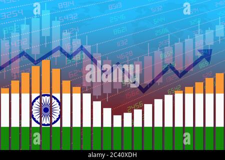 Flagge Indiens auf Balkendiagramm Konzept der wirtschaftlichen Erholung und der Verbesserung der Wirtschaft nach der Krise wie Covid-19 oder andere Katastrophe wie Wirtschaft und Busin Stockfoto