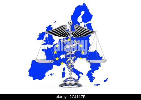 Medizinisches Caduceus-Symbol als Waage vor der EU-Karte mit EU-Flagge auf weißem Hintergrund. 3d-Rendering Stockfoto