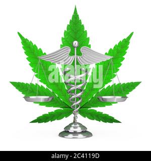 Medizinisches Caduceus-Symbol als Waage vor medizinischem Marihuana oder Hanfblatt auf weißem Hintergrund. 3d-Rendering Stockfoto