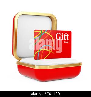 Rote Geschenkkarte in der roten Geschenkbox auf weißem Hintergrund. 3d-Rendering Stockfoto