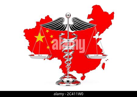 Medizinisches Caduceus-Symbol als Waage vor China Karte und Flagge auf weißem Hintergrund. 3d-Rendering Stockfoto