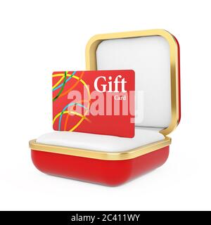 Rote Geschenkkarte in der roten Geschenkbox auf weißem Hintergrund. 3d-Rendering Stockfoto