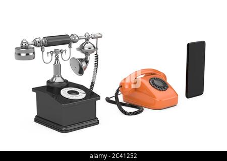 Konzept Zur Technologieentwicklung. Fortschritt von Retro Rotary Phone zu Mobile Phone auf weißem Hintergrund. 3d-Rendering Stockfoto