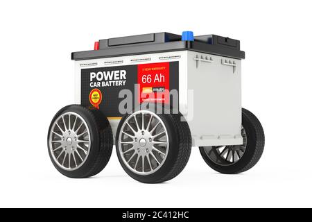 Wiederaufladbare Autobatterie 12V Akkumulator mit abstrakten Etikett mit Rädern auf weißem Hintergrund. 3d-Rendering Stockfoto