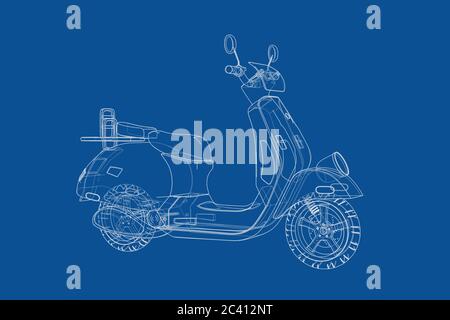 Technische Illustration von Wire-Frame Style Classic Vintage Retro oder Electric Scooter Blueprint auf blauem Hintergrund. 3d-Rendering Stockfoto