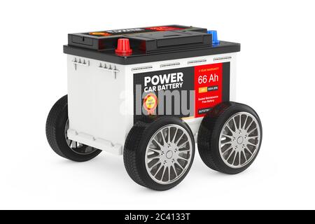 Wiederaufladbare Autobatterie 12V Akkumulator mit abstrakten Etikett mit Rädern auf weißem Hintergrund. 3d-Rendering Stockfoto