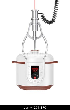 Gewinner-Konzept. Moderne Elektro-Multi-Herd in Chrom-Roboter Klaue auf weißem Hintergrund. 3d-Rendering Stockfoto