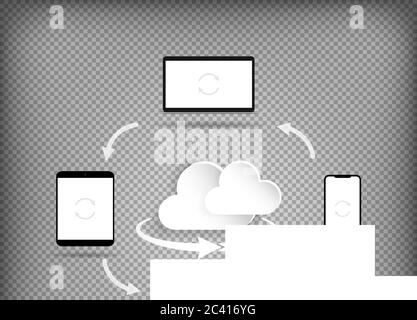 Cloud-Computing-Technologie Benutzer Netzwerkkonfiguration. Informationsaustausch zwischen verschiedenen Geräten. Vektor auf isoliertem Hintergrund. Eps 10. Stock Vektor