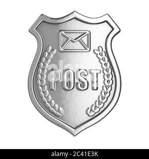Silberner Postman Hut-Kakade Zeichen auf weißem Hintergrund. 3d-Rendering Stockfoto
