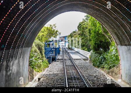 Die Wellington Cable Car - eine Standseilbahn zwischen Lambton Quay und Kelburn - nähert sich der Salamanca Station in der Mitte der Strecke. Stockfoto