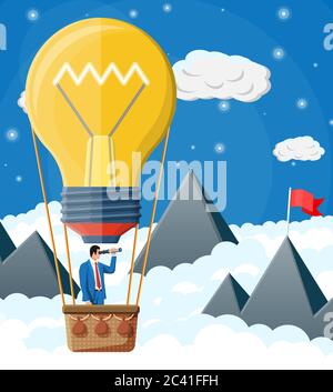 Geschäftsmann fliegen in großen Idee Glühbirne geformten Ballon. Geschäftsmann auf Heißluftballon Blick durch Spyglass. Große Idee, Erfolg, Leistung, Business Vision Karriereziel. Flache Vektorgrafik Stock Vektor