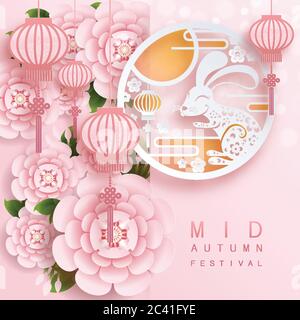 Mid Autumn Festival oder Mondfest mit Kaninchen und Mond, Mondkuchen, Blume, chinesische Laternen mit Gold Papier Schnitt Stil auf Farbhintergrund. Stock Vektor