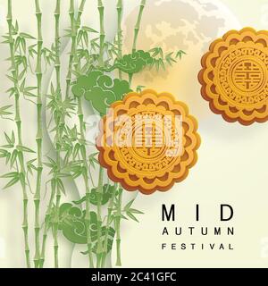 Mid Autumn Festival oder Mondfest mit Kaninchen und Mond, Mondkuchen, Blume, chinesische Laternen mit Gold Papier Schnitt Stil auf Farbhintergrund. ( Translat Stock Vektor
