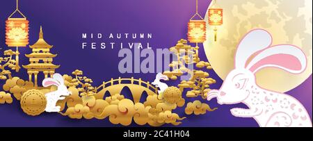 Mid Autumn Festival oder Mondfest mit Kaninchen und Mond, Mondkuchen, Blume, chinesische Laternen mit Gold Papier Schnitt Stil auf Farbhintergrund. ( Translat Stock Vektor