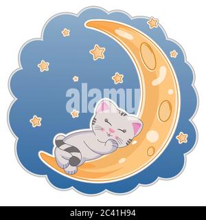 Nette Cartoon Katze schlafen im Mond in der Nacht. Stock Vektor