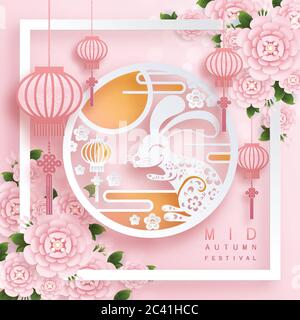 Mid Autumn Festival oder Mondfest mit Kaninchen und Mond, Mondkuchen, Blume, chinesische Laternen mit Gold Papier Schnitt Stil auf Farbhintergrund. ( Translat Stock Vektor
