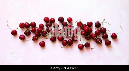 Kreatives Layout aus Früchten. Flach liegend. Frische Kirschen isoliert auf weißem Hintergrund mit Schattierungen von Rosa. Draufsicht. Stockfoto