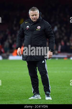 LONDON, ENGLAND - 18. JANUAR 2020: Sheffield-Manager Christopher John Wilder im Emirates Stadium während des Premier League-Spiels 2019/20 zwischen Arsenal FC und Sheffield United FC. Stockfoto