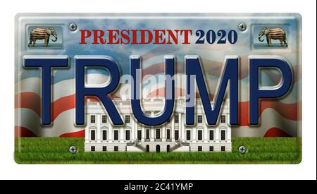 Kennzeichen, das Donald Trump als Kandidaten für die Präsidentschaftswahl 2020 wirbt. Enthält einen Beschneidungspfad. Stockfoto