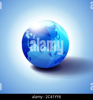 China, Asien und Japan Global World Globe Icon 3D-Illustration, glänzende, glänzende Kugel mit Global Map in subtilen Blues, die ein transparentes Gefühl gibt Stock Vektor