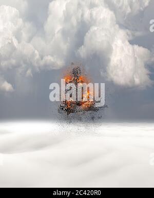 Brennende Meditation. Der Mensch im Lotus posiert in Flammen Stockfoto