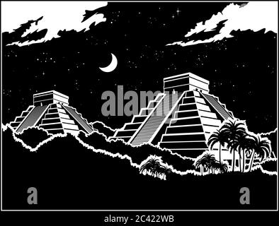 Stilisierte Vektordarstellung der alten Maya-Pyramiden im Dschungel bei Nacht Stock Vektor