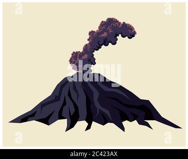 Stilisierte Illustration eines rauchenden Vulkans mit schwarzen Rauchwolken Stock Vektor