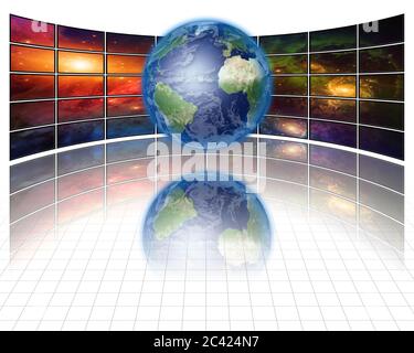 Video-Bildschirme mit Erde. Konzeptkunst Stockfoto