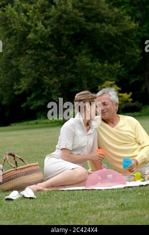 Ein Seniorenpaar macht ein romantisches Picknick im Park - Entspannung Stockfoto