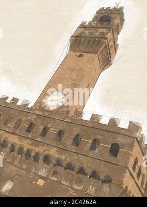 Wahrzeichen mit Blick auf Bologna Stadt in Italien. Aquarell-Spritzwasser mit handgezeichneter Skizzendarstellung Stockfoto