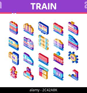 Zug Bahn Transport Isometrische Symbole Set Vektor Stock Vektor