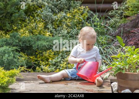 Kleiner Junge sitzt im Garten, der Pflanzen durch Gartenbewässerungskanne wäßt Stockfoto