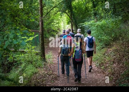 Calcata (VT), Italien - 13. Juni 2020: Gruppe von Wanderern geht den Weg in den Wald. Die Menschen gehen in einer Reihe und tragen technische Kleidung und spezielle st Stockfoto