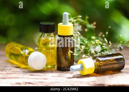Ätherische Öle natürlich auf Holz und grünen Blatt Hintergrund / Aromatherapie Kräuteröl Flaschen Aroma Stockfoto