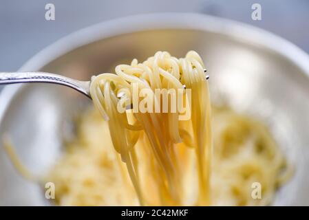 Spaghetti auf der Gabel / gekochte Spaghetti Pasta italienische Speisen und Menükonzept Stockfoto
